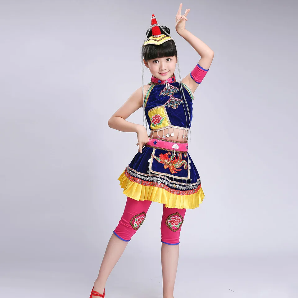 

Kids Hmong Clothes Ballroom Dance Wear Miao Costumes with Hat Classical Traditional Chinese National Minority Dance Costumes