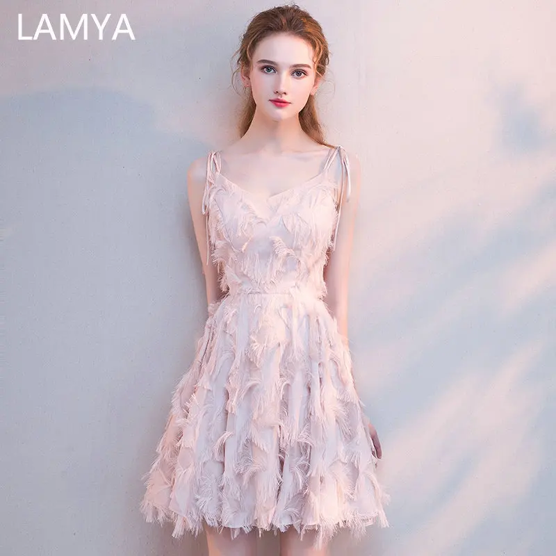 

LAMYA Short Simple Spaghetti Strap Prom Dresses 2019 Elegant A Line Evening Party Dress Plus Size Special Occasion Gowns