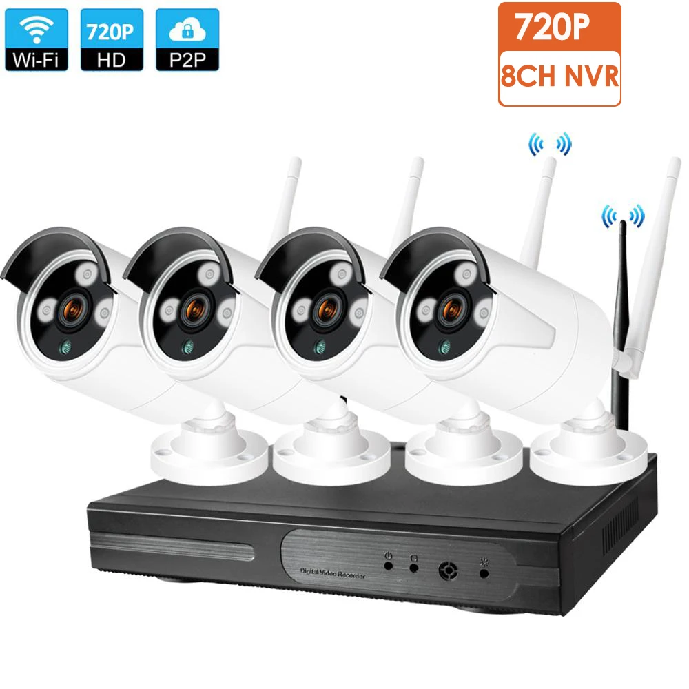 

8CH 1080P HD Wireless NVR Kit P2P 720P Indoor Outdoor IR Night Vision Security 4pcs 1.0MP IP Camera WIFI CCTV System