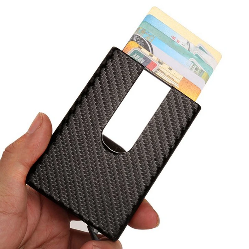 

2019 New Carbon Fiber PU Leather ID Metal Credit Card Holder Automatic Slide Card Case Business Aluminum RFID Wallet Cardholder