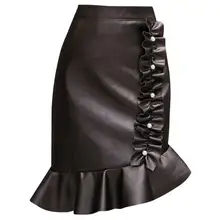 Женская юбка-Русалка с оборками и бисером, осень, черные элегантные юбки до колена с высокой талией из искусственной кожи