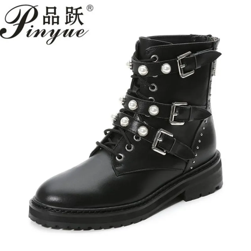 

brand design size35-- 40 Genuine Leather Martin Boots Pearl Woman Shoes Casual Buckle Boots Shoes Woman Female ankle boots