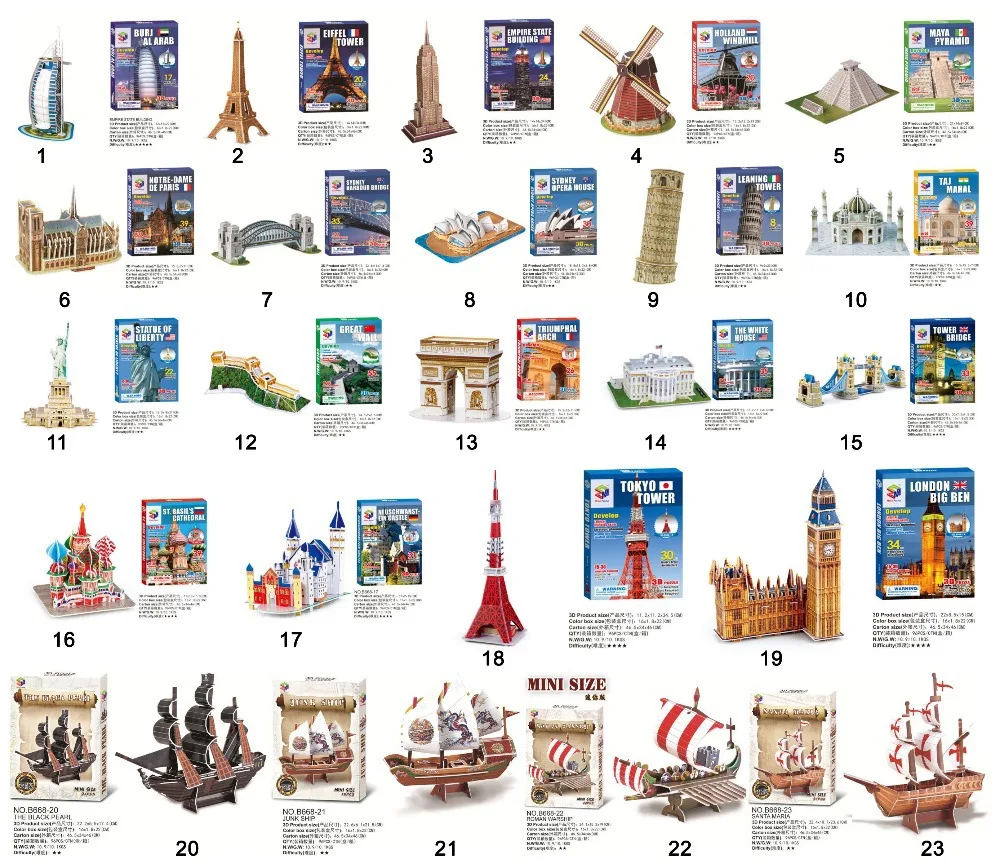 

10 pieces/lot Hot sale Puzzle Toy 3D Jigsaw Puzzle Famous Building Model Puzzle for Kid's Educational Toy 23 style Free shipping