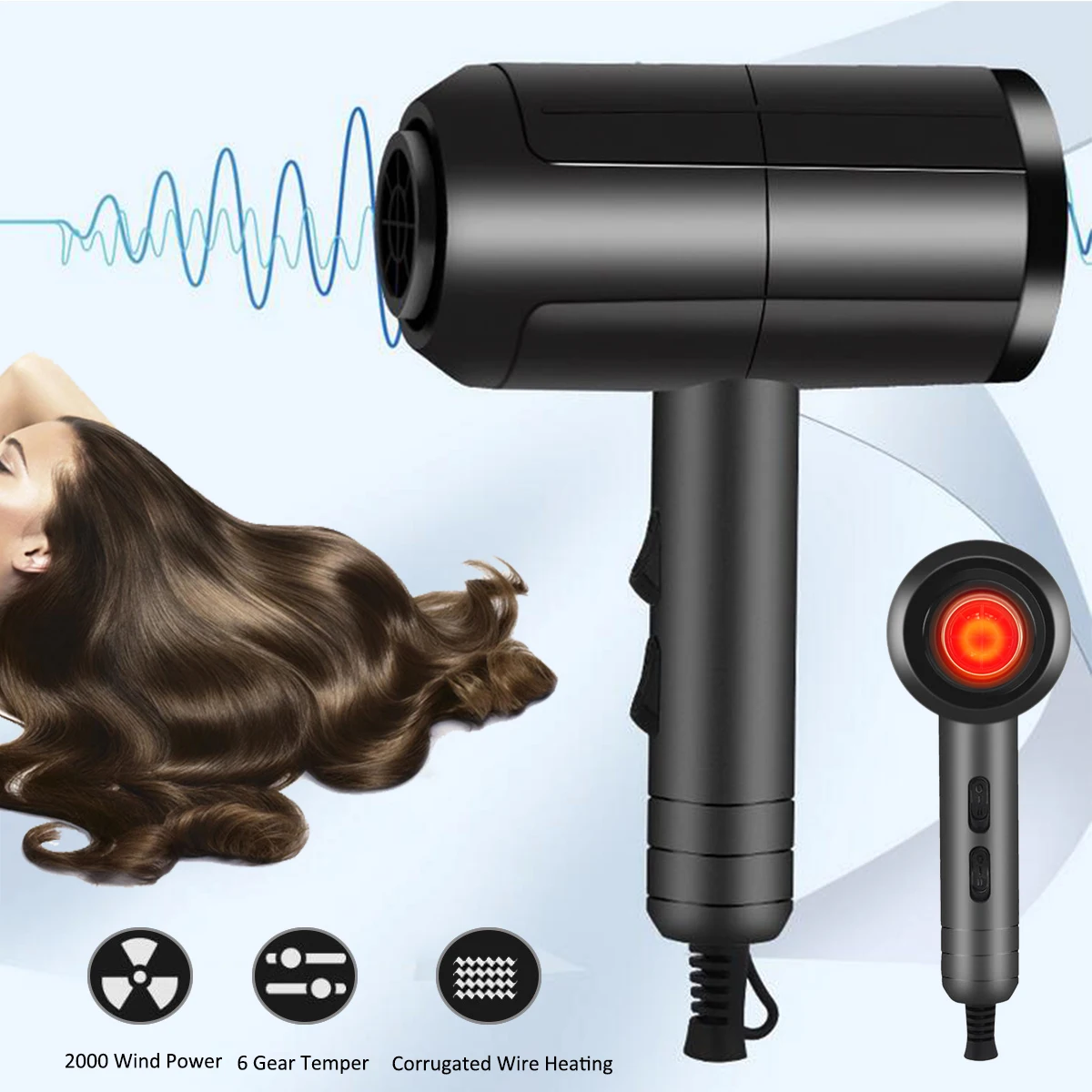 

2000W Hairdressing Salon Electric Hair Dryer Constant Temperature Home Blower 6-gear Switch for Dormitory Outdoor Travel