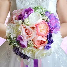 Wedding Bride Bouquet Wedding Holding Bouquet with Artificial Roses Ribbon Flower Brides Bridal Accessories Pink Purple White