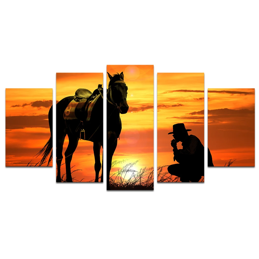 

HD Printed Canvas Wall Art Silhouette Of Cowboy And Horse Against Cloudy Evening Sky Sunset Landscape 5 Panel Giclee Artwork