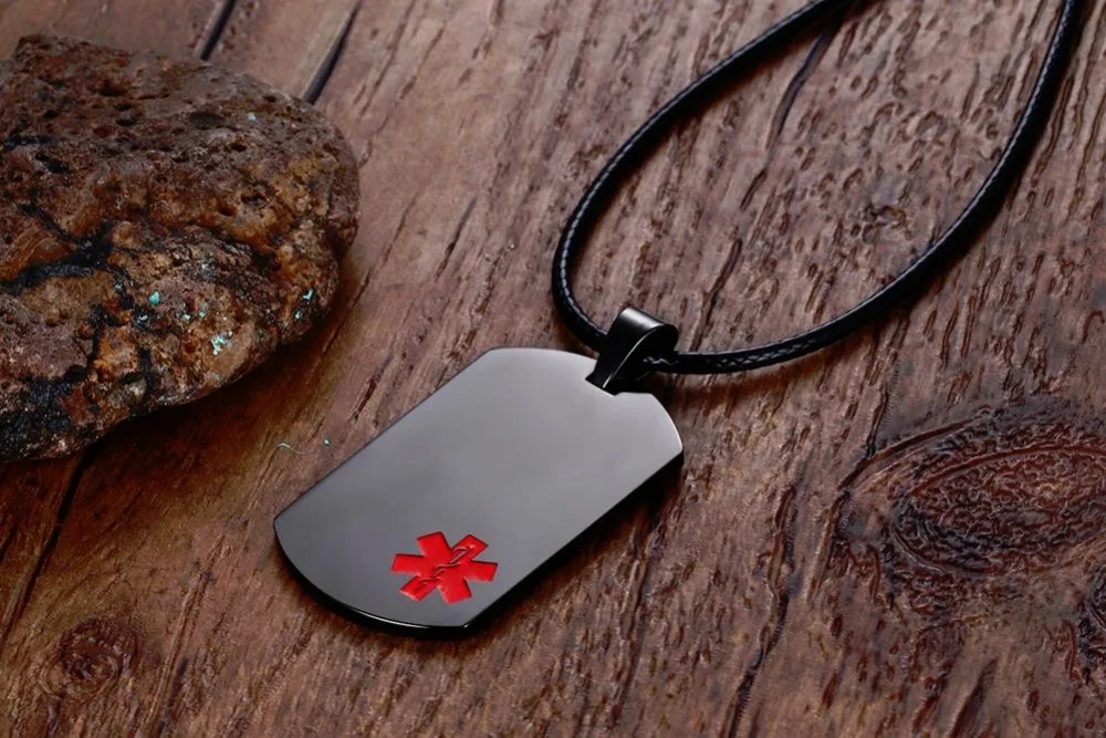 Mens Womens Necklaces Stainless Steel Medical Alert ID Dog tag Pendant Necklace in Black Unisex Fashion Jewelry , Free Engraving collares collier colar choker 12