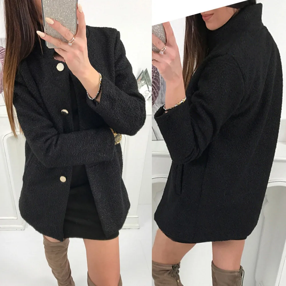 YOUYEDIAN Women Winter Solid Single-breasted Notched Fluffy Pocket Jacket Outwear Coat