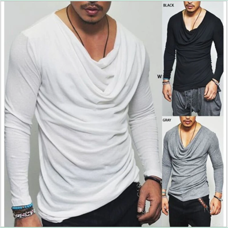 Men long sleeve t shirt Drooping cowl neck loose men t shirt hip hop ...