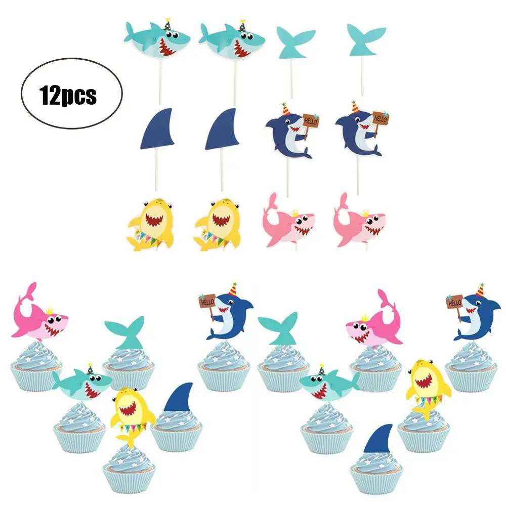 

Pack of 12 Baby Shark Birthday Cupcake Topper Kit Boy or Girl Baby Shower Under the Sea Party Decorations