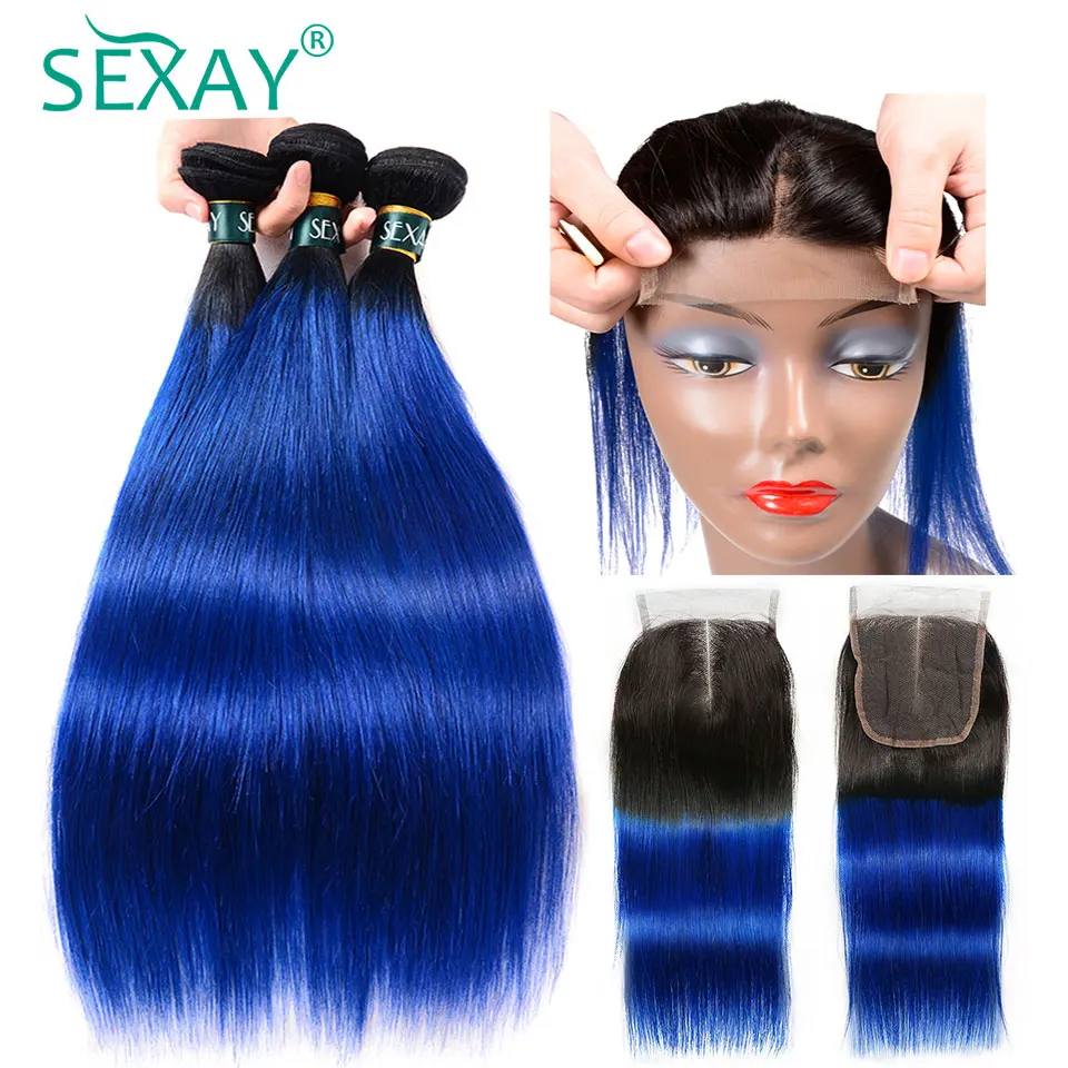 SEXAY Blue Ombre Brazilian Hair With Closure Two Tone Ombre Bundles
