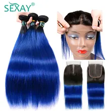 SEXAY-mechones precoloreados con cierre, pelo liso brasileño de dos tonos 1b/azul, extensiones de pelo humano Remy con degradado mechones con cierre de encaje