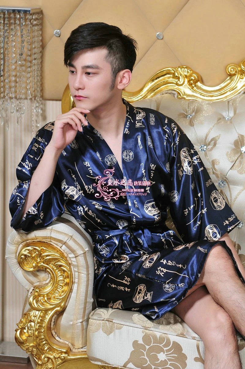 HOT sexy Men silk Bathrobe Chinese Style letter Calligraphy pattern