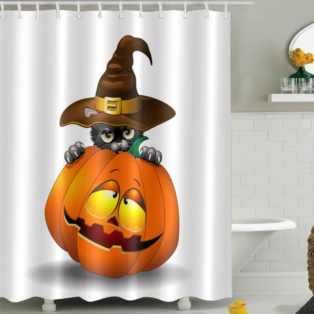 

LB 180*180 Pumpkin White Shower Curtains Cat Hat Halloween Waterproof Polyester Bathroom Curtain Fabric for Bathtub Home Decor