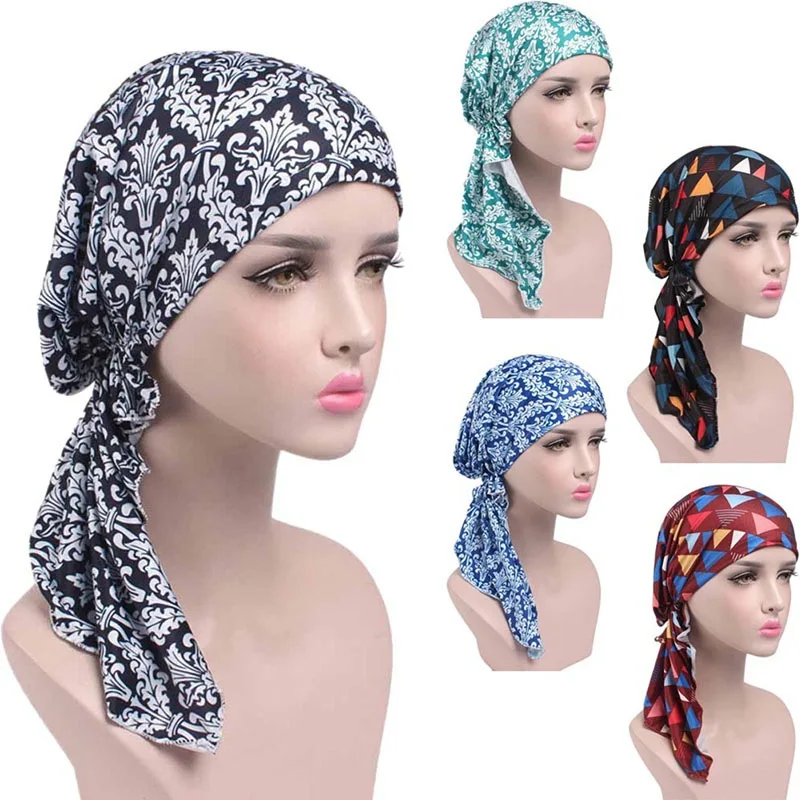 

Women Printed Cancer Chemo Cotton Turban Headwear Casual Adjusted Ruffles Bandanas Muslim Headscarf Multicolor 2018 Hot
