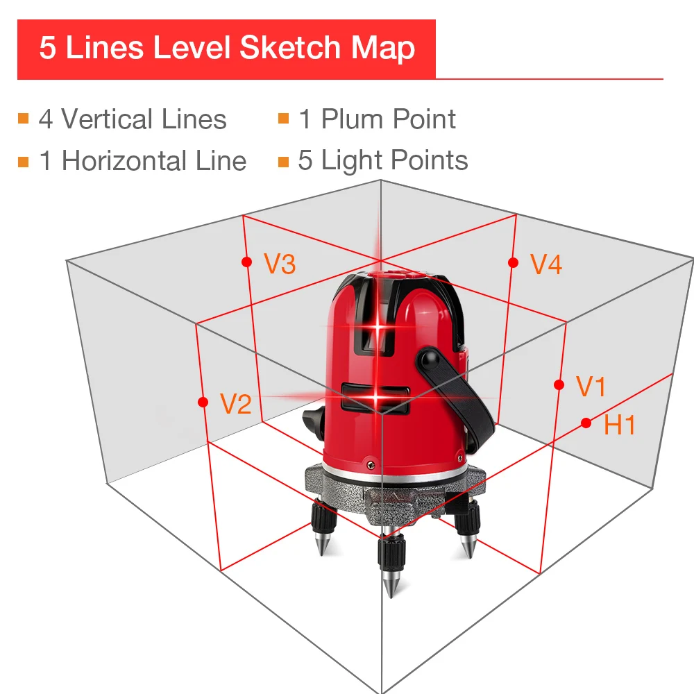 Красный лазерный нивелир, 5 линий, 6 точек, 360 градусов, поворотный, перекрестный, лазерный, самонивелирующийся, наклонный, открытый, горизонтальный и вертикальный, Nivel лазер