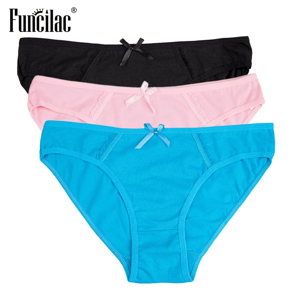

FUNCILAC Underwear Women Cotton Panties Sexy Lace Transparent Lingerie Girls Briefs Low waist Solid Plus Size M-XXL 3 pcs/set
