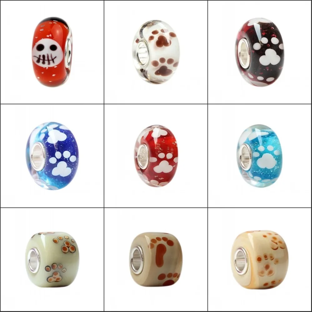 

925 Sterling Silver Large Hole Colorful Flowers Pet Foot Prints Murano Glass European Charm Beads Fit European Bracelet Jewelry