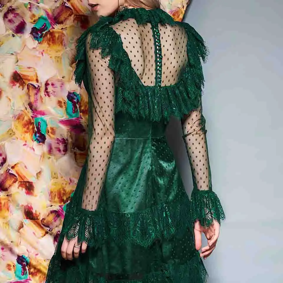 Dressv темно-зеленое вечернее платье с высокой горловиной, а-силуэт, длина в пол, кружевное, с длинными рукавами, для свадьбы, вечеринки, торжественное платье, вечернее платье es