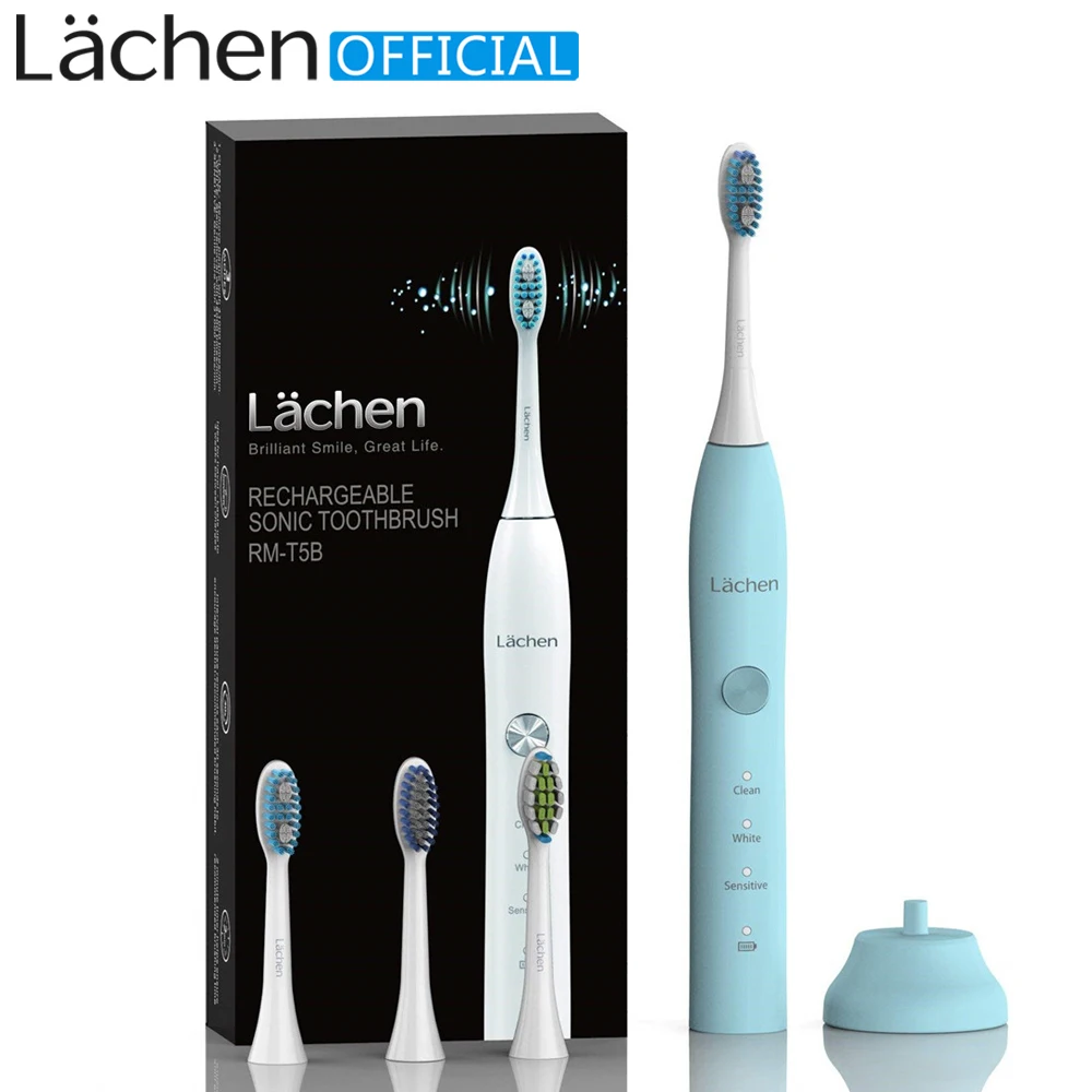 

Lachen T5 Sonic Power Electric Toothbrush USB Rechargeable 3 Modes Clean/White/Sensitive 30s Timer Waterproof IPX7 With 4 Heads