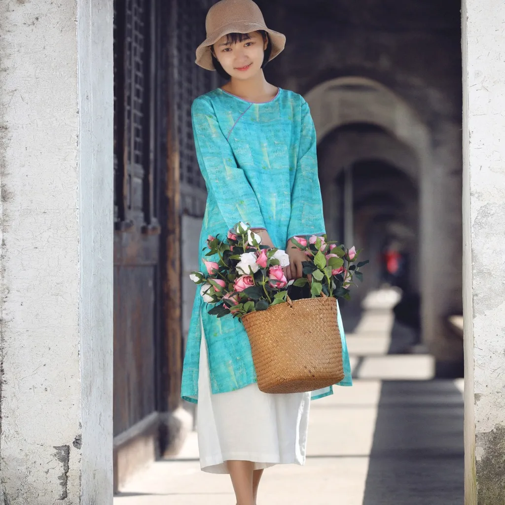 

Thin Tencel Print Dress Round Neck Cheongsam Dress Loose Large Size Dresses