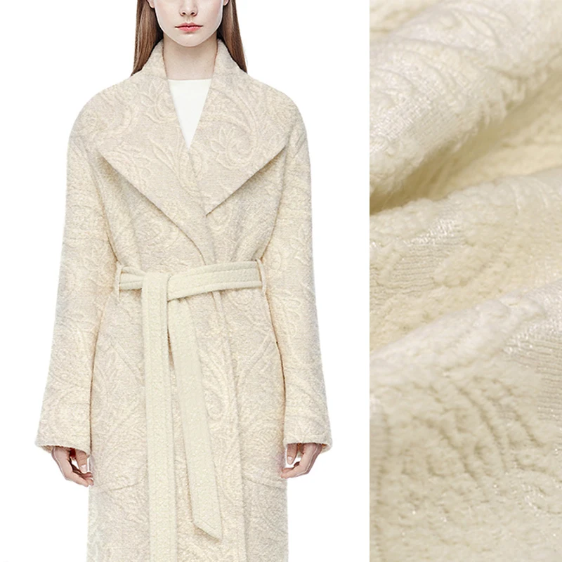 140CM Wide 620G/M Weight Thick Jacquard Beige Wool Polyester Fabric for Autumn and Winter Coat