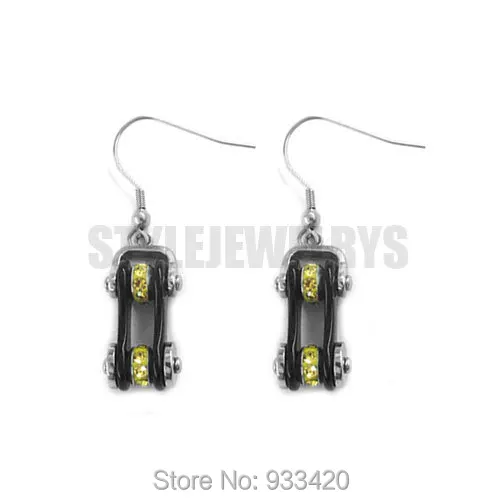 

Free Shipping! Black Bicycle Chain Earrings Stainless Steel Jewelry Bling Yellow Rhinestone Motor Biker Earring SJE370118B
