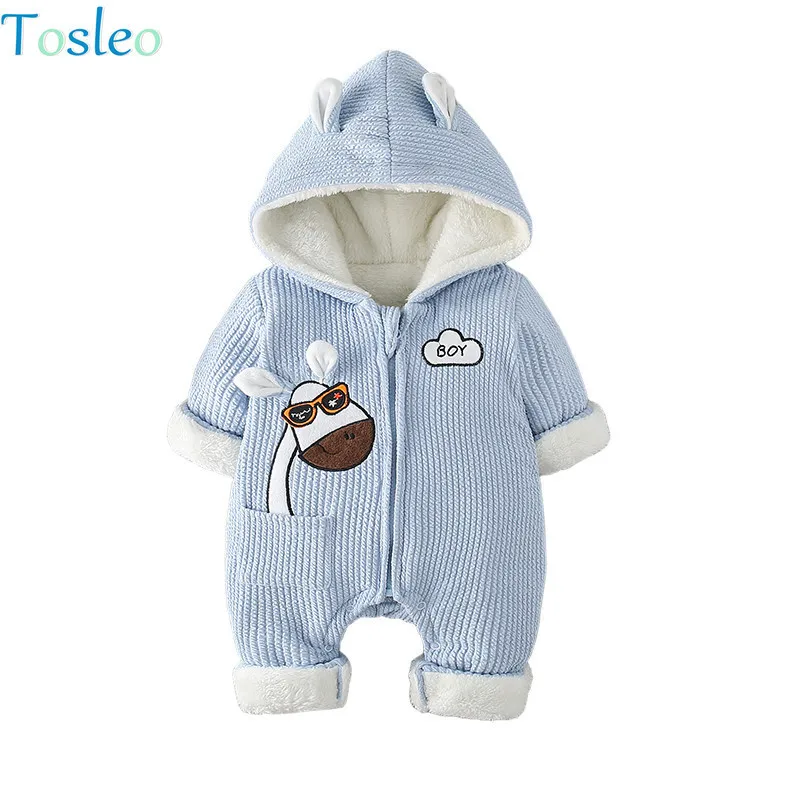 

Baby Clothes Funny Animal Print Costumes Fur Inside Toddler New Born Rompers Infant Outfits Pink Blue 0-2Y
