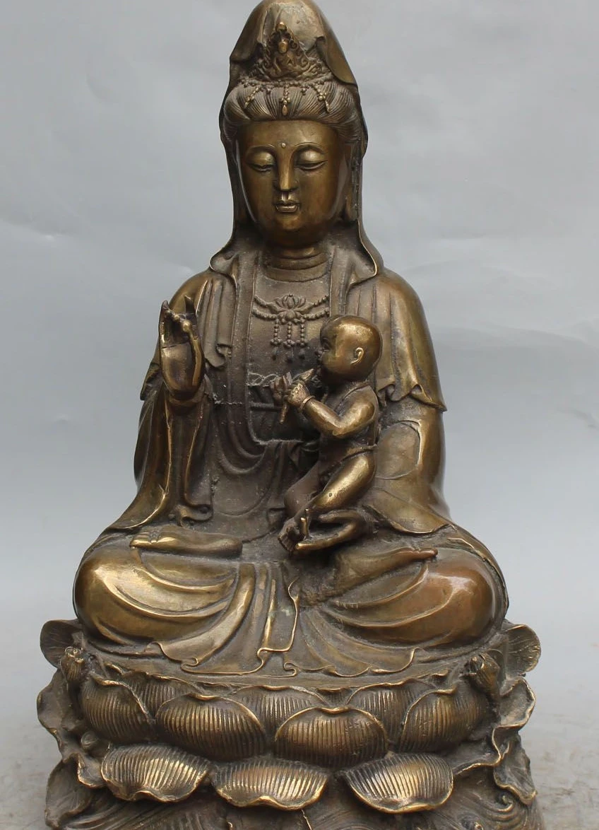 15" Chinese Bronze Tong ZI Boy Kwan yin Guan Yin Bodhisattva Goddess