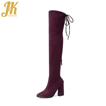 

JK 2018 Latest High Quality Long Boots Women Faux Suede Thigh High Boots Thick High Heels Lace up Winter Over Knee Boot