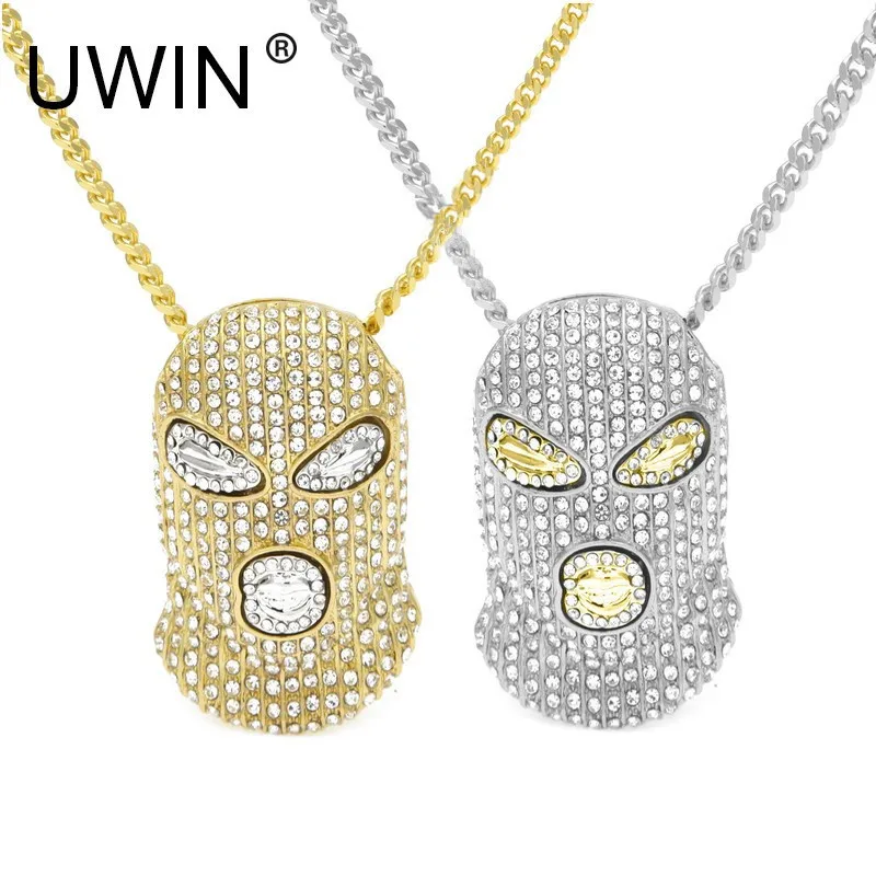 

UWIN Hip Hop Full CZ Rhinestone CSGO Pendant Necklace Mens Punk Style Alloy Gold Silver Color Mask Head Charm Pendant Chain
