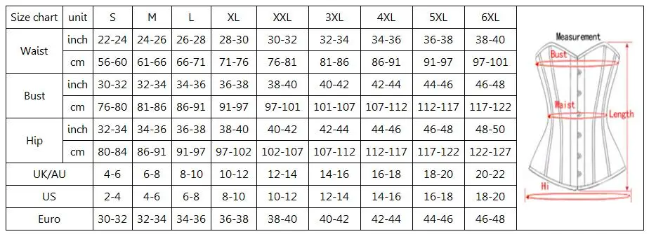 A S-6XL Corset size