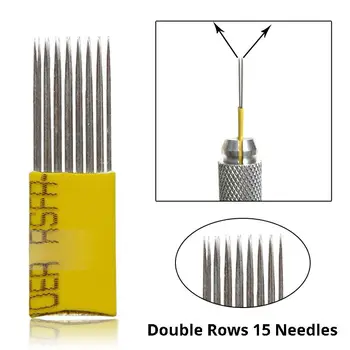 

10pcs Microblading Needles Flat Shading Double Row 15 Pins Manual Fog Eyebrow Tattoo Needles Embroidery Pins Microblades