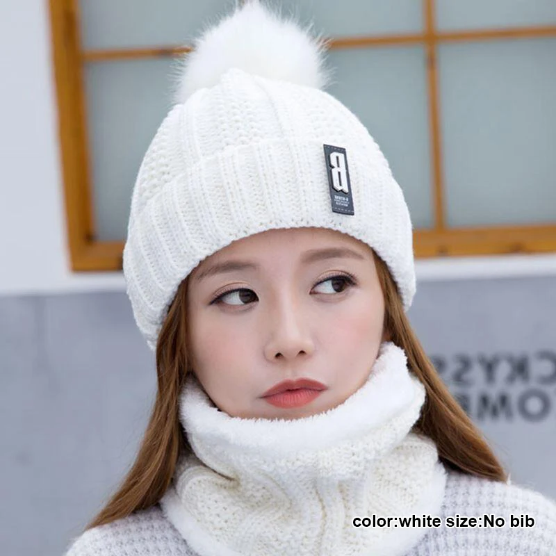white No Scarf Новая модная женская зимняя вязаная утолщенная шапочка с шарфом теплая меховая зимняя шапка LBY2018 - Цвет: white No Scarf
