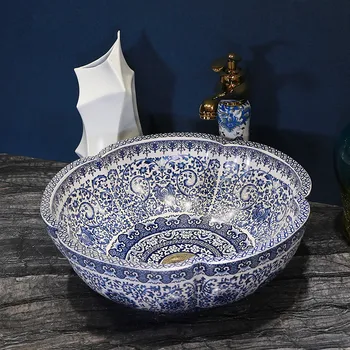 

Jingdezhen factory directly art hand painted ceramic vessel sink bathroom wash basin blue and white flower shape