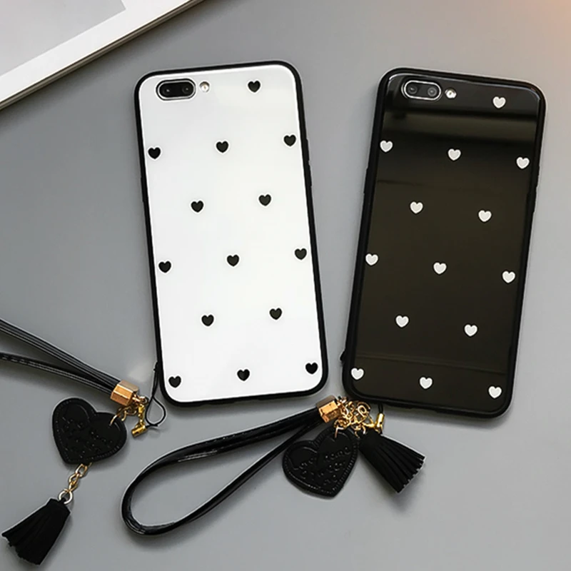 

case For iPhone X XR XS Max 7 Tempered Glass hard Case Love Heart Tassel lanyard Cover For iPhone 6 6S 7 8 Plus phone Cases