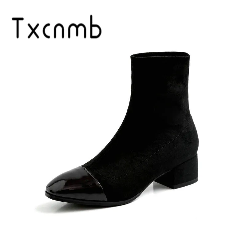 

TXCNMB New Boots Women Ankle Boots Autumn Winter Warm High Heels Shoes Woman Slip-on Flock Leather Motorcycle Boots