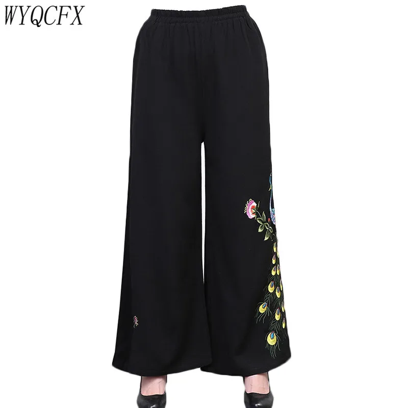 

Women Summer Wide Leg Pants Casual Loose High Elastic Waist Linen Pants Chinese Style Vintage Embroidery Trousers Plus Size 4XL