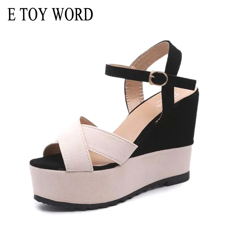 

E TOY WORD 2019 Summer Wedge Sandals Fish Mouth Mixed Colors Ladies Sandals Platform Buckle Strap Womens high heel Sandals