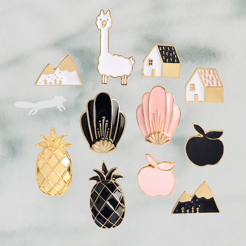 

High Quality Tiny Sweet Cute Apple Pineapple Tree House Alpaca Snow On Mountain Metal Enameled Pin Badge Lapel Pin