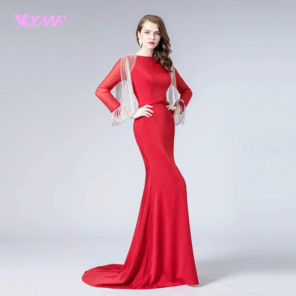 Элегантное черное с длинным рукавом вышитое кристаллами вечернее платье Формальное вечернее платье «русалка» платья YQLNNE - Цвет: Красный