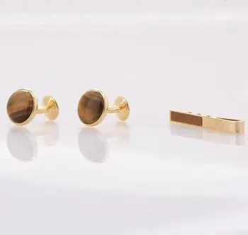 

Luxury Tie Clip Cufflinks Set Natural Tiger Eye Stone Cuff Links Tie Clip Bar Sets Wedding Party Men Gift Fashion Jewelry 5 Sets