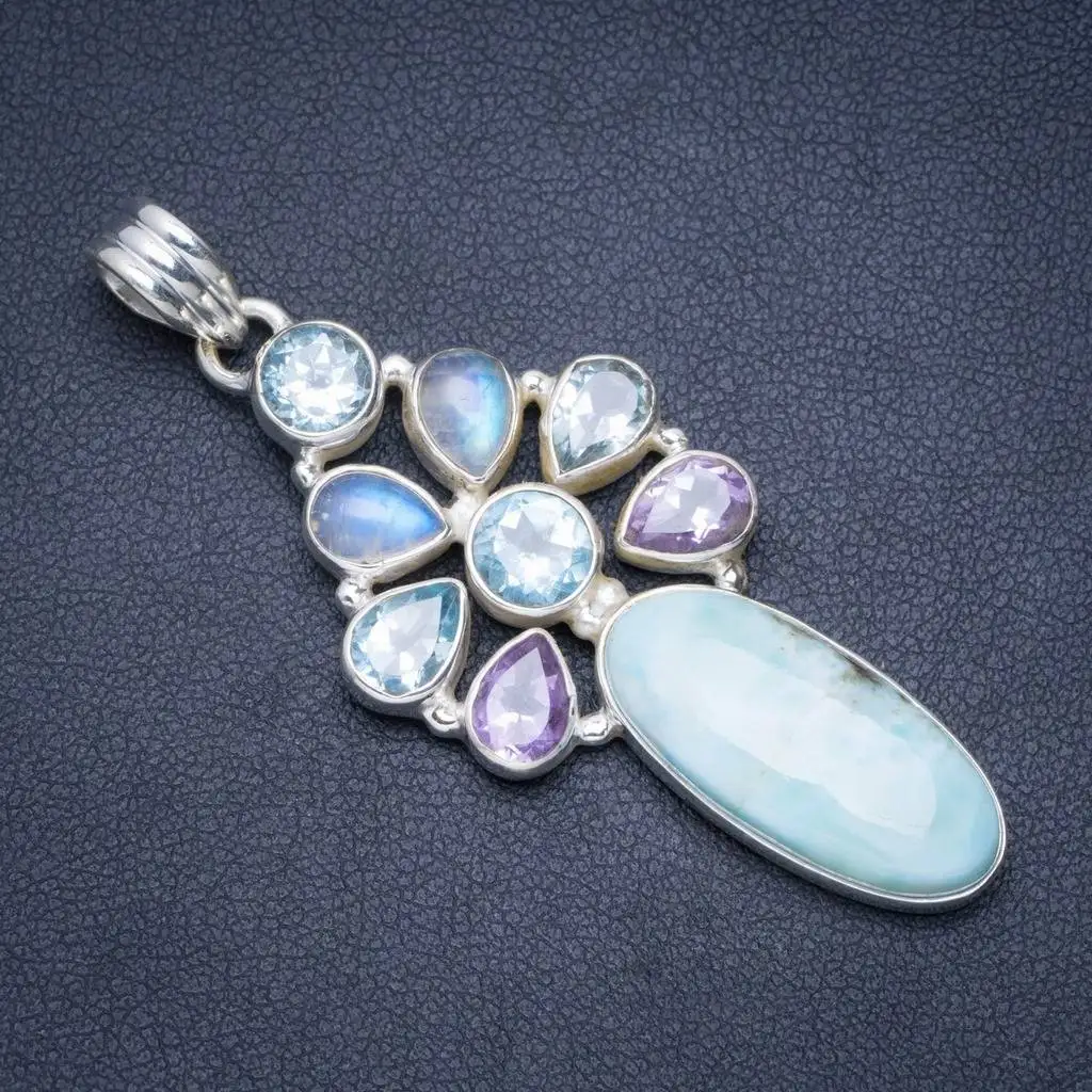

Natural Caribbean Larimar,Rainbow Moonstone and Blue Topaz 925 Sterling Silver Pendant 2.25" A0019