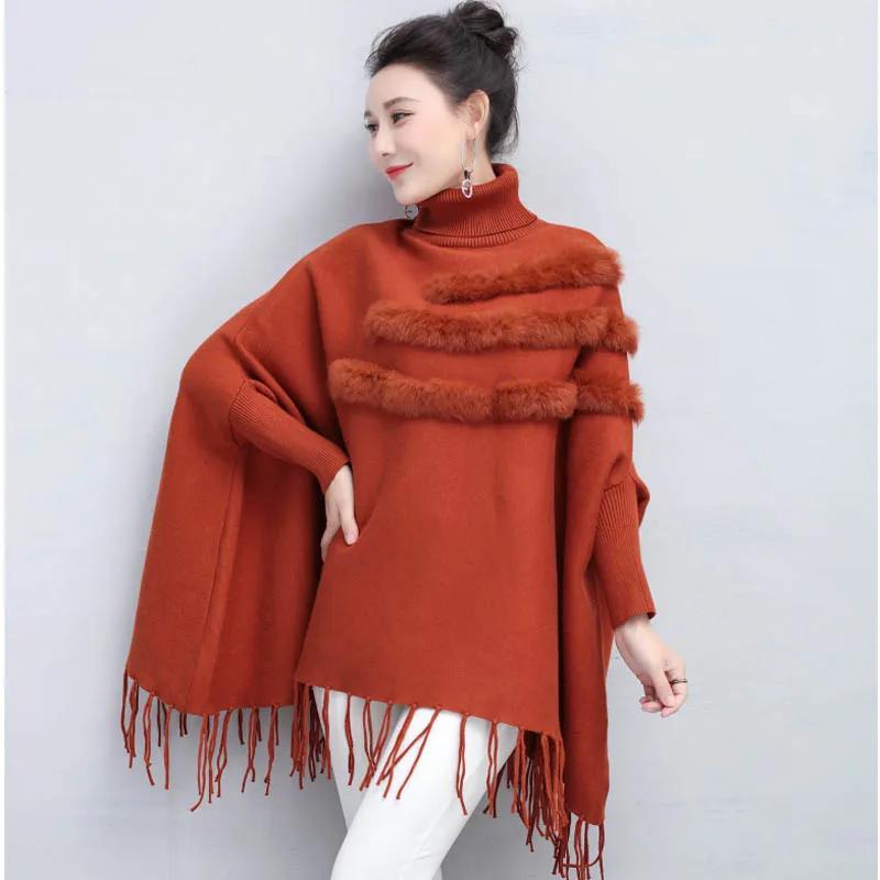 

Poncho Shawl 2018 Women Fashion Autumn Winter Rabbit Furs Cashmere Blending Tassels Hem Casual Wrap Swing Scarves pashmina