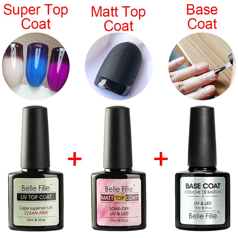Belle Fille Gel Nail Polish Base Coat + Top Coat 10ml UV LED Matt Coat Gel Bring Shining Super Top Gels
