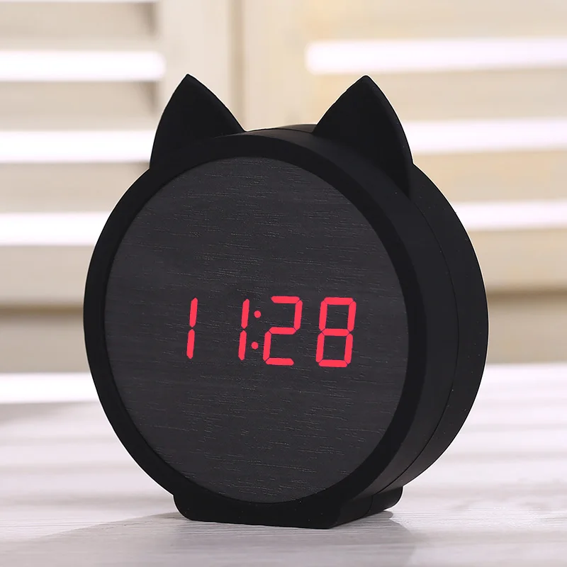 Skup LED alarm drewniany zegar dziecięcy zegar słodki kociak silikonowy elektroniczny drewniany zegar stołowy kalendarz z motywami z kreskówek perfekcja sterowanie głosem