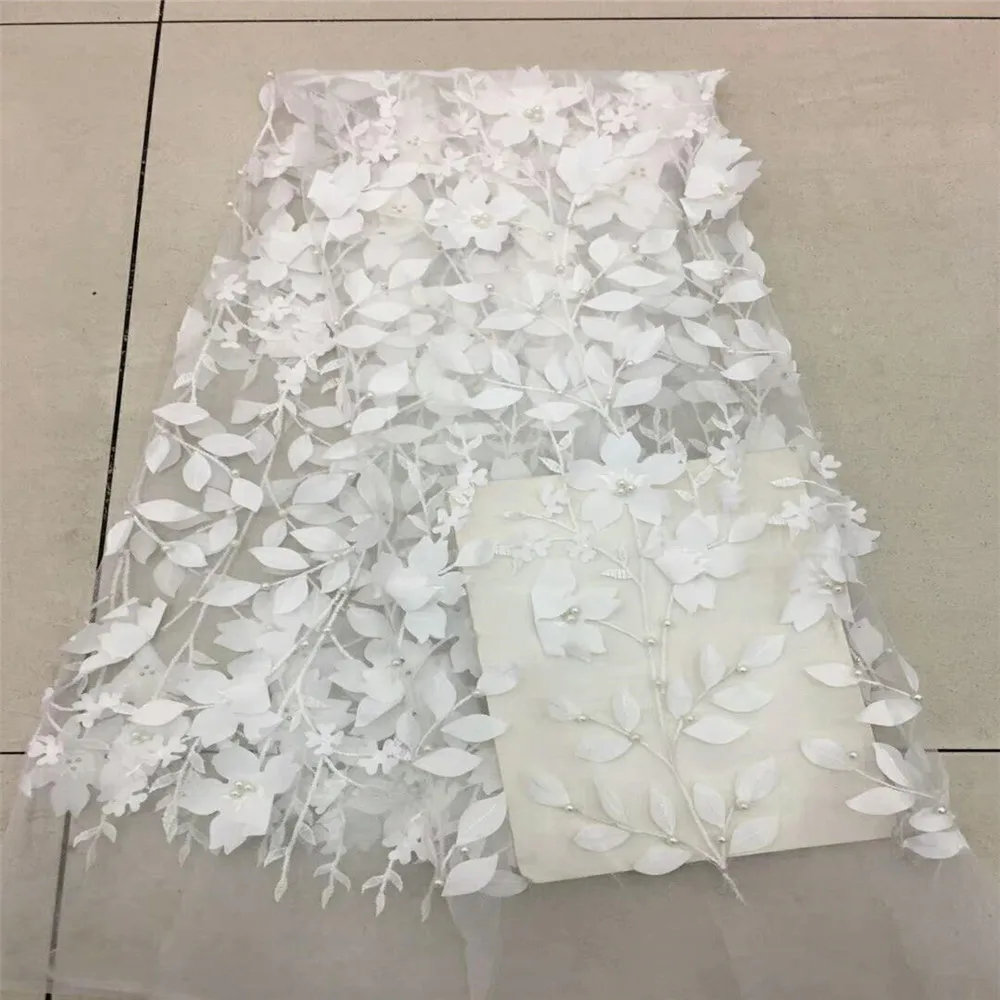 

White Italian Wedding Dress Fashion Flower And Leaves Design French Tulle 3d Lace Fabric X512-1