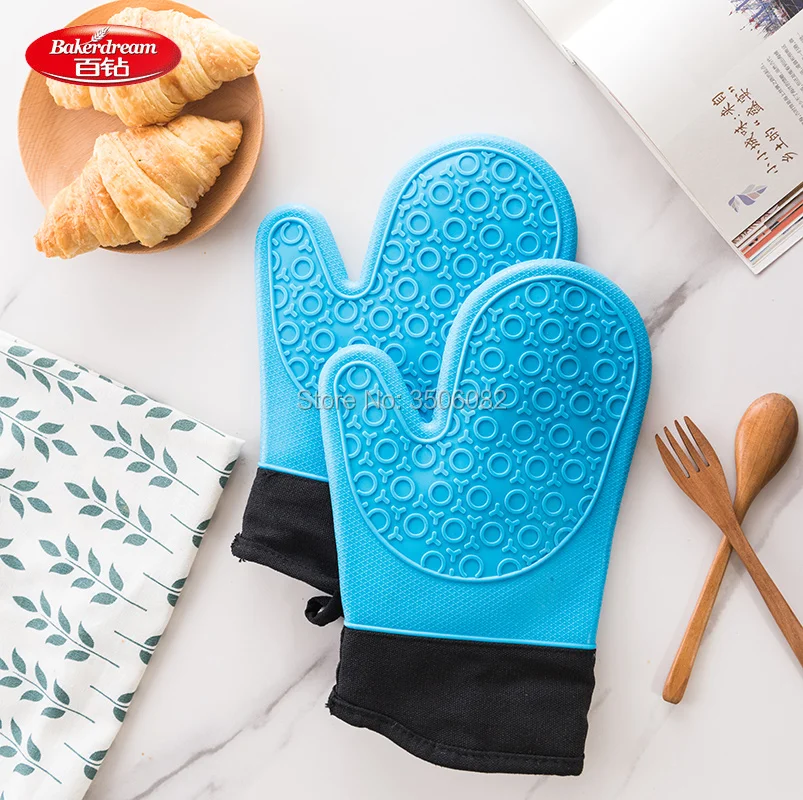 

Bakerdream 1 Pc Heat Resistant Silicone Gloves Kitchen Cooking BBQ Grill Glove Oven Mitts with Quilted Liner Baking Glove Blue