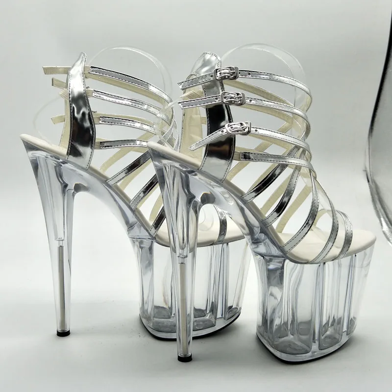 LAIJIANJINXIA/Танцевальная обувь на тонком каблуке пикантные босоножки на ультравысоком каблуке 20 см Серебристые свадебные туфли с ремешком высотой 8 дюймов обувь с украшением в виде кристаллов