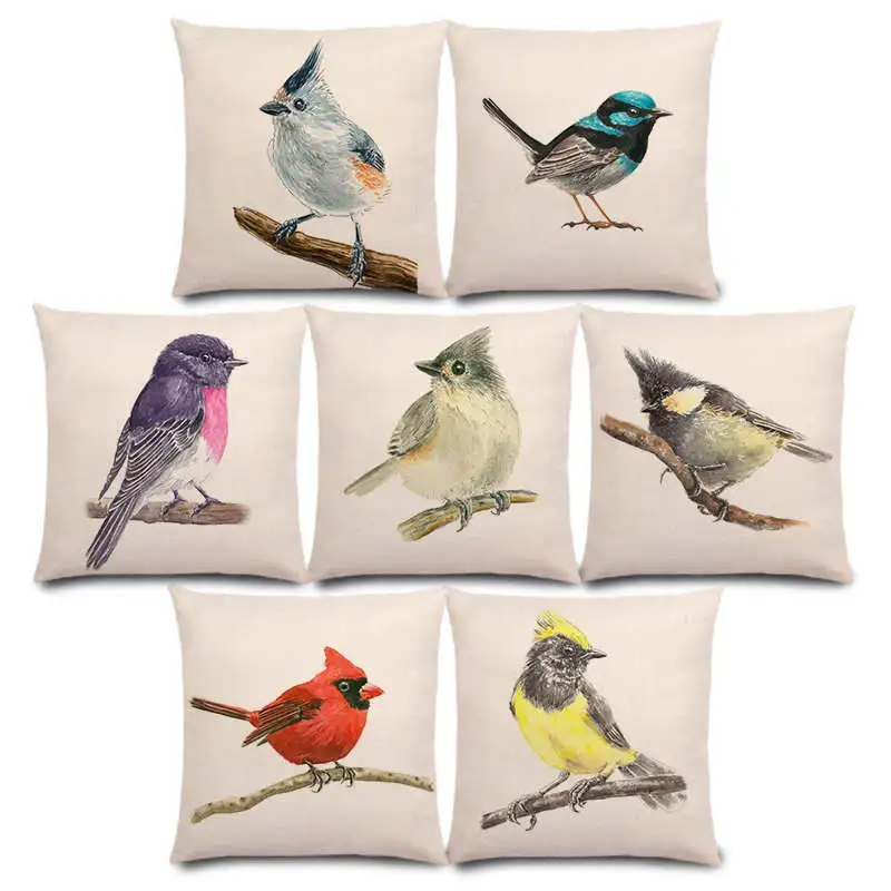 

New Birds Watercolor Painting Robin Titmouse Toucan Fairy Sparrow Firecrest Cardinal Bullfinch Cushion Cover Pillow Case